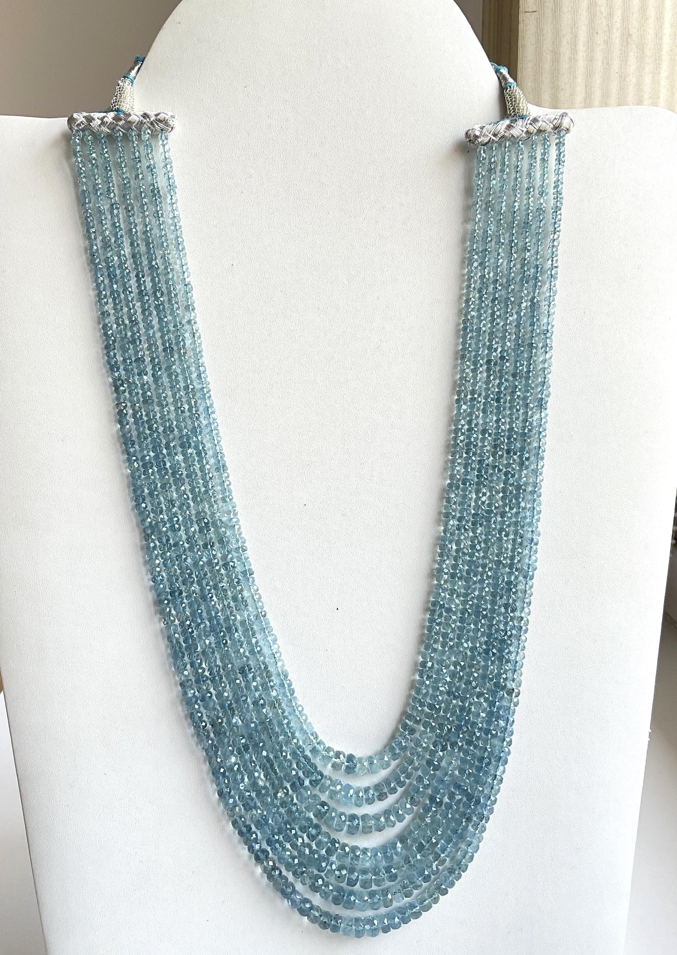 Women's or Men's 445.90 carats Aquamarine Beaded Necklace 7 Strand Faceted Beads good Quality Gem For Sale