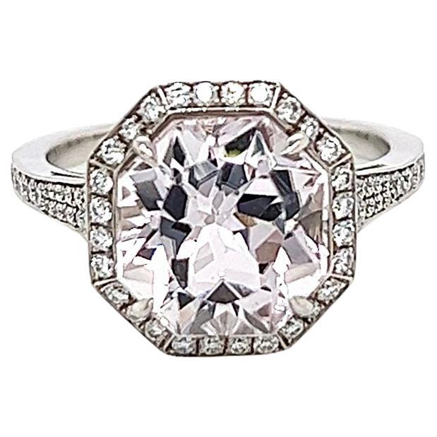 4.45 Total Carat Kunzite and Diamond Halo Pave-Set Ladies Ring For Sale