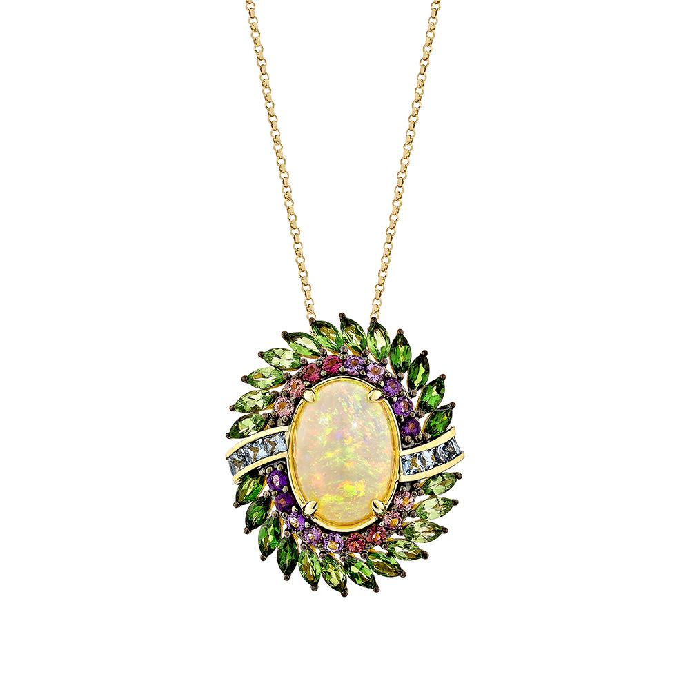 Oval Cut 4.45Carat Opal Pendant in 18Karat Yellow Gold with Multi Gemstone. For Sale