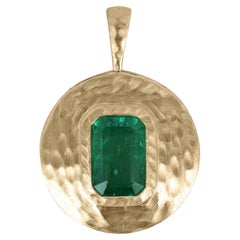 4.45ct 14K Natural Vivid Lush Green Emerald Cut Emerald Solitaire Bezel Pendant