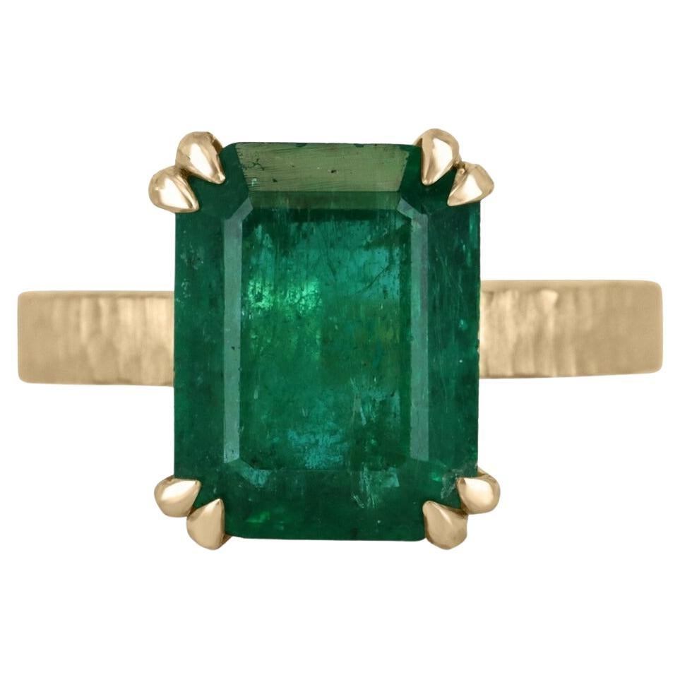 4.45ct 18K Rustic Rich Dark Green Emerald Cut Emerald Solitaire Prong Set Ring For Sale