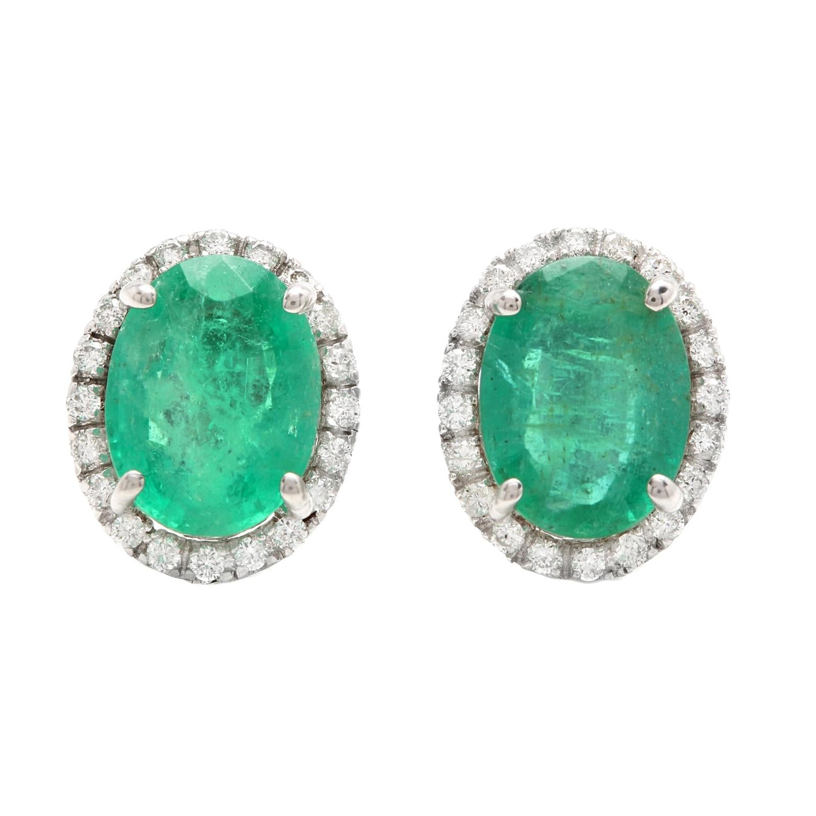 4.45ct Natural Emerald and Diamond 14k Solid White Gold Earrings For Sale