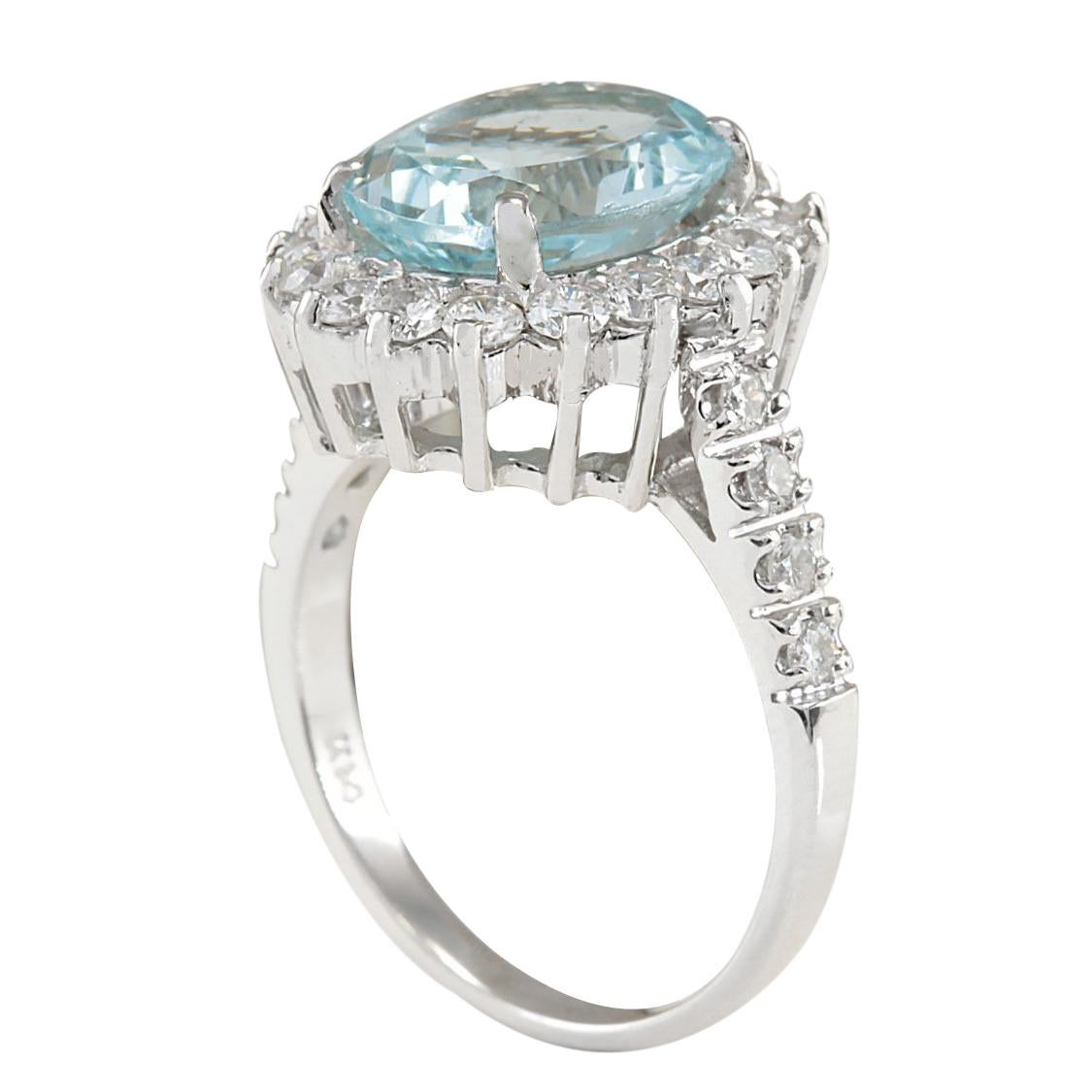 Oval Cut Aquamarine Diamond Ring In 14 Karat White Gold  For Sale