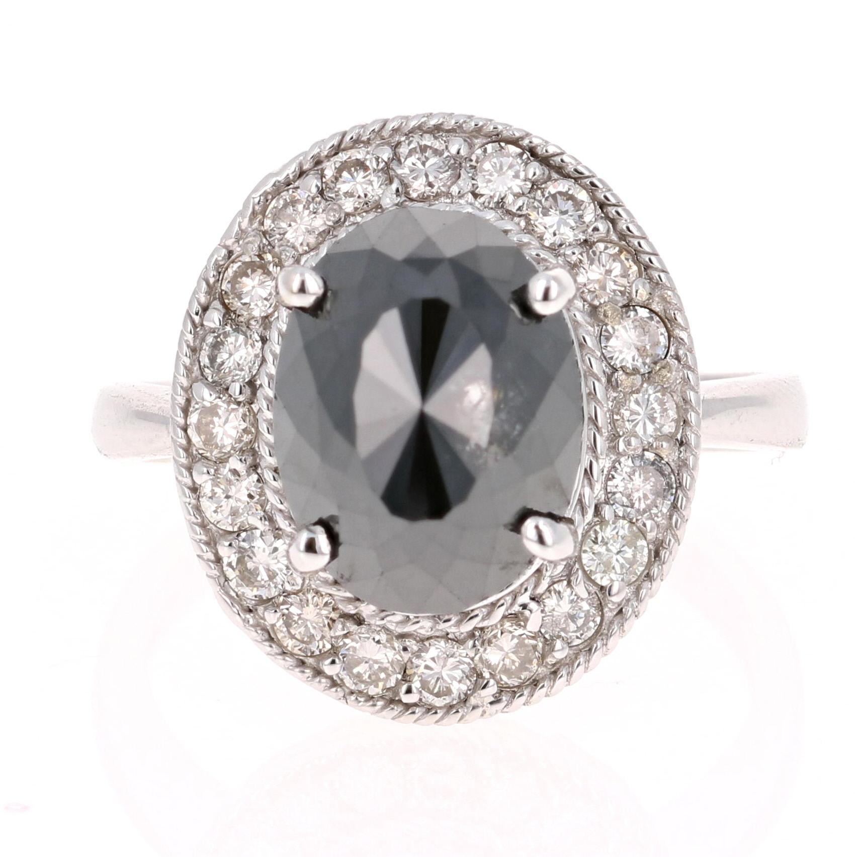 4,46 Karat Natürlicher Schwarzer Diamant Weißer Diamant Weißgold Verlobungsring 

Dieser Ring ist umgeben von natürlichen Diamanten im Brillantschliff mit einem Gewicht von 0,61 Karat und einem schwarzen Diamanten im Ovalschliff mit einem Gewicht