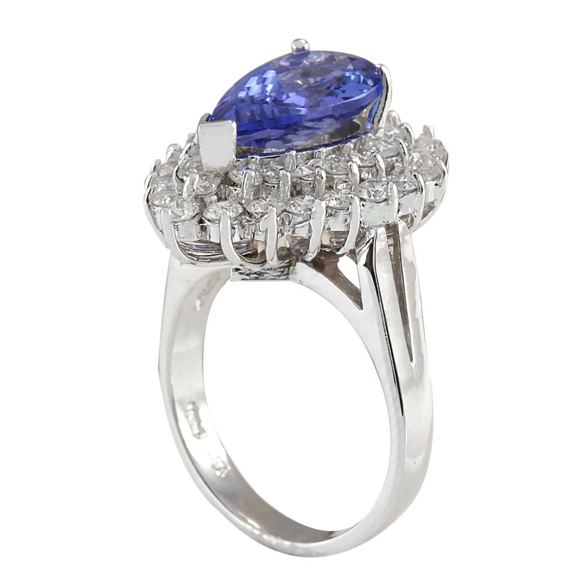 Pear Cut Natural Tanzanite Diamond Ring In 14 Karat White Gold For Sale
