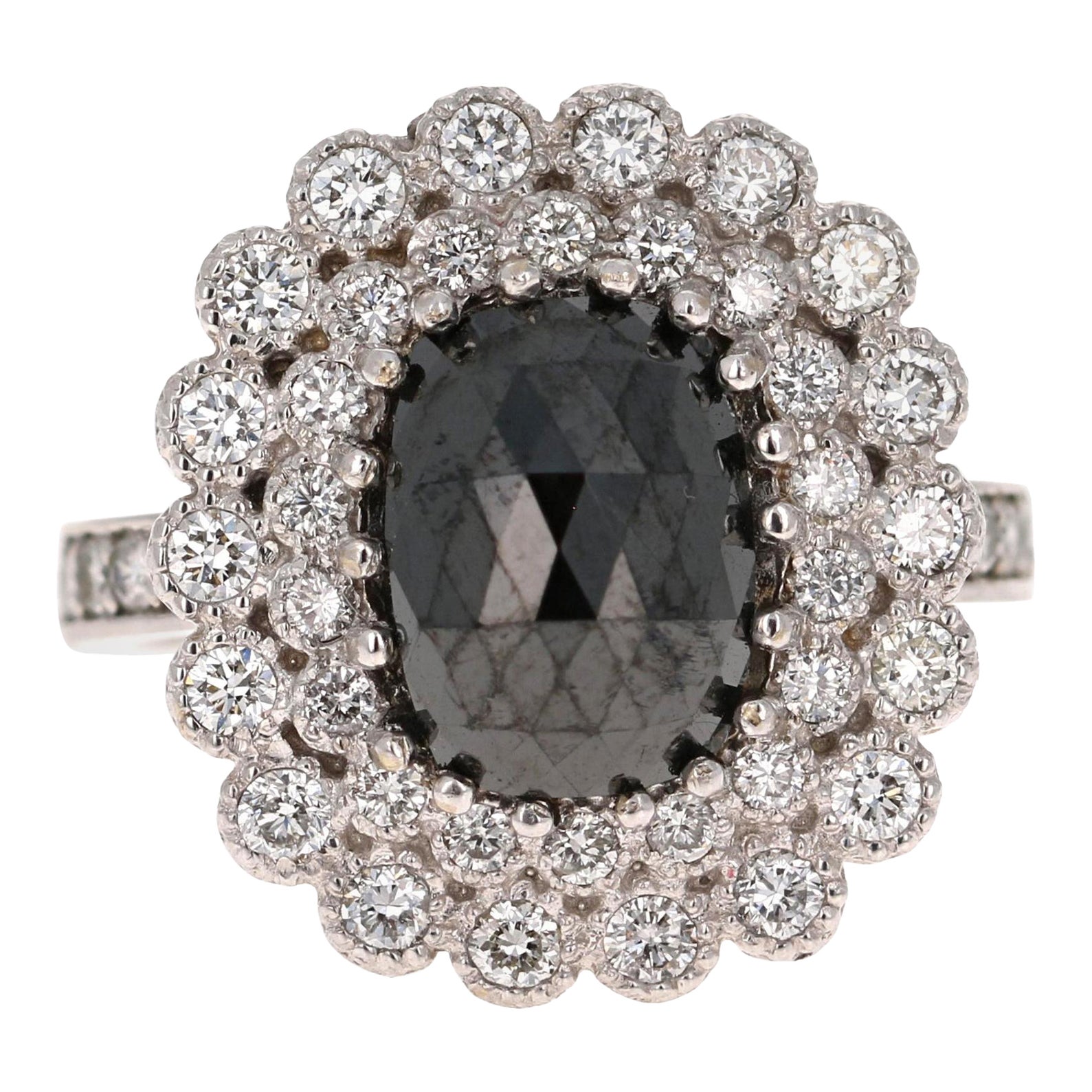 4.46 Carat Oval Cut Black and White Diamond 14 Karat White Gold Cocktail Ring