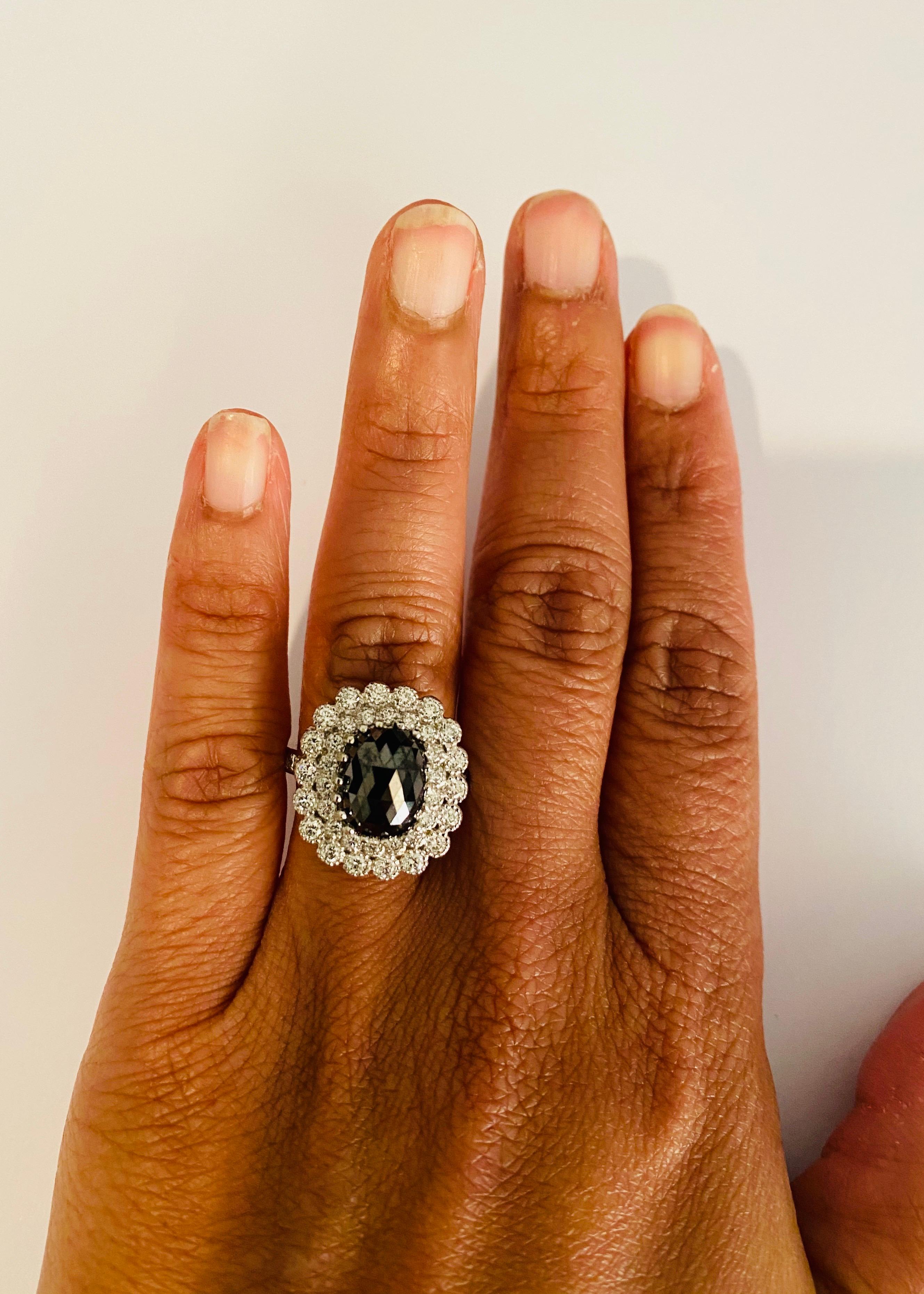 4.46 Carat Oval Cut Black Diamond 14 Karat White Gold Engagement Ring For Sale 1