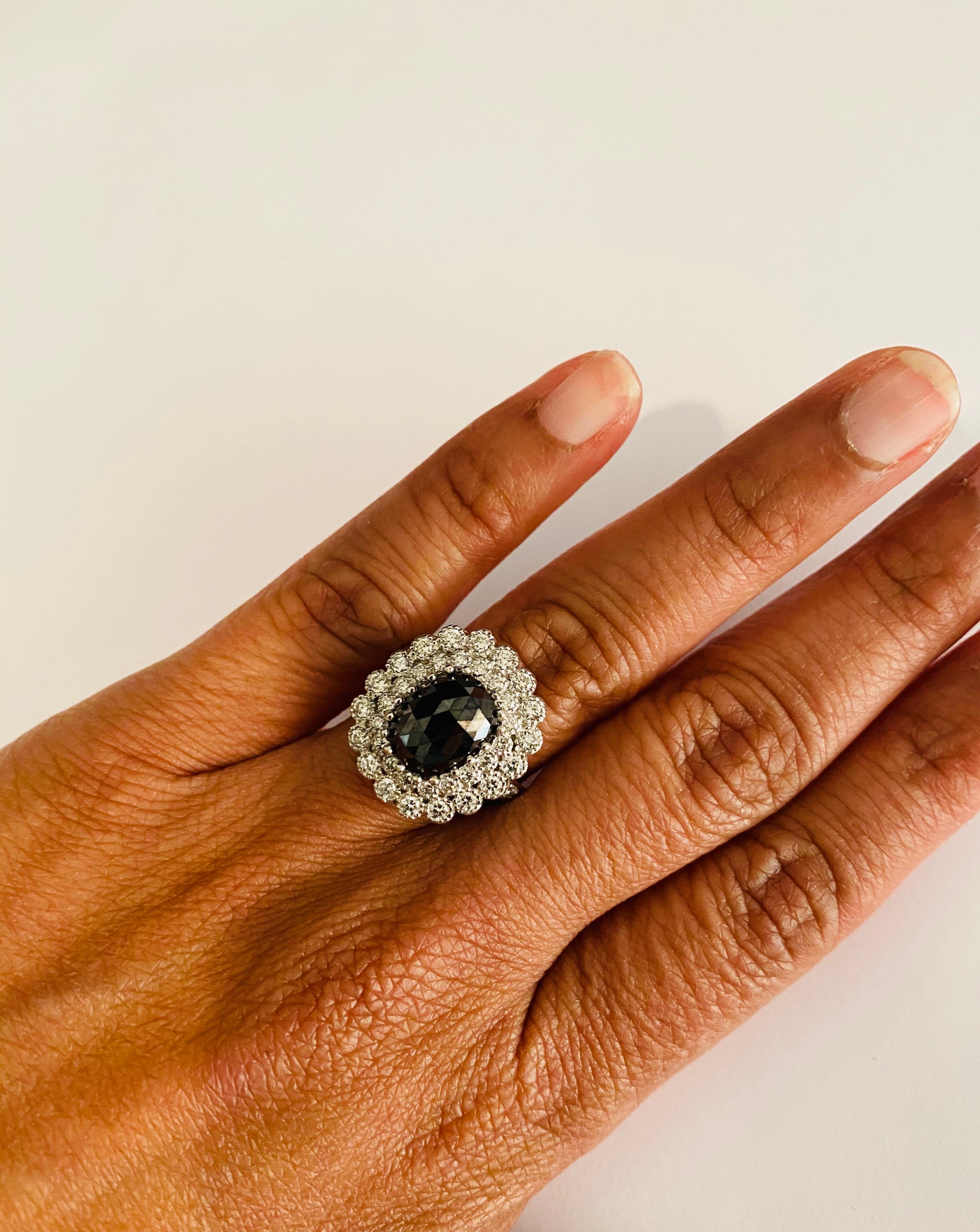 4.46 Carat Oval Cut Black Diamond 14 Karat White Gold Engagement Ring For Sale 2