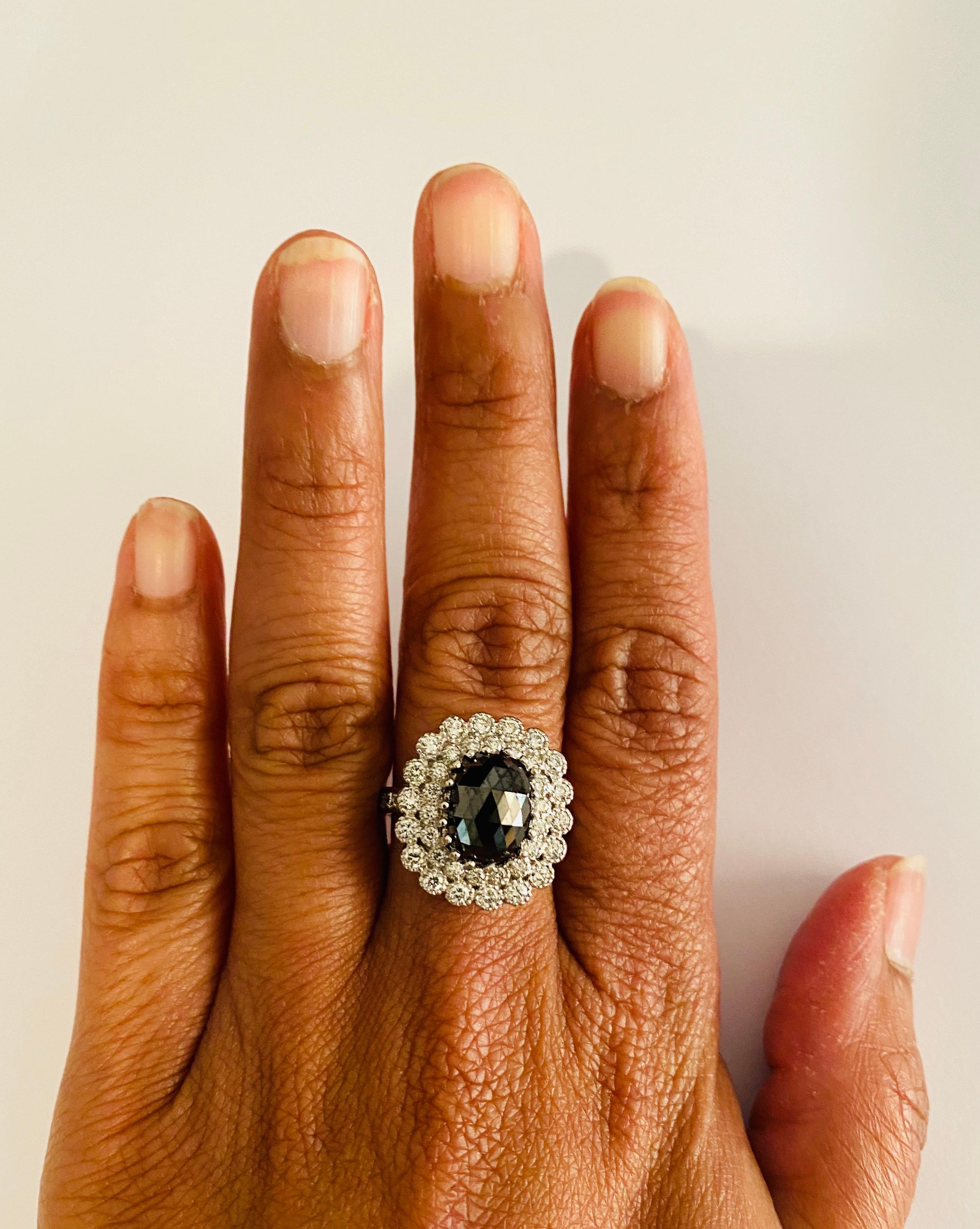 4.46 Carat Oval Cut Black Diamond 14 Karat White Gold Engagement Ring For Sale 3