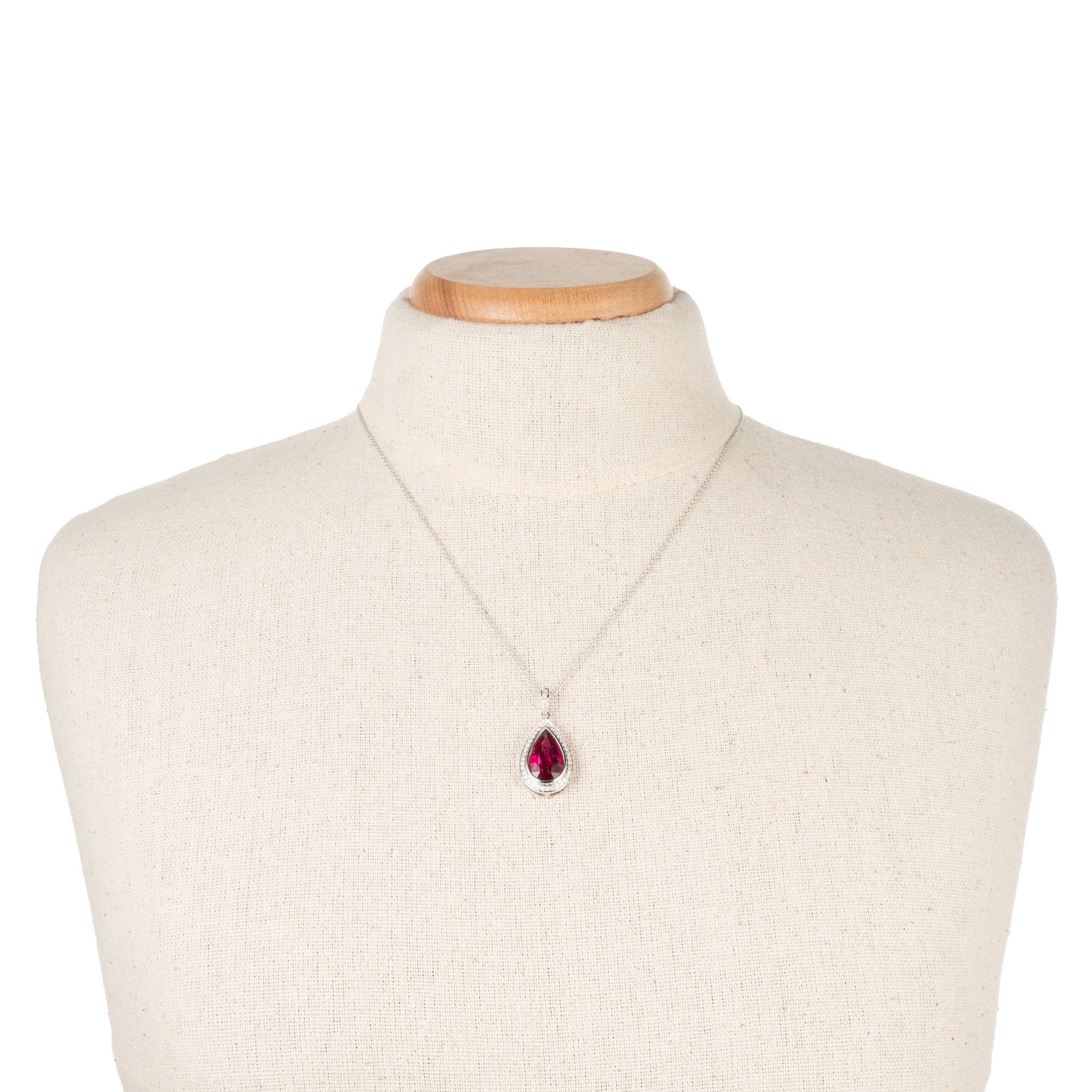4.46 Carat Pear Pink Tourmaline White Gold Diamond Pendant Necklace In Excellent Condition For Sale In Stamford, CT