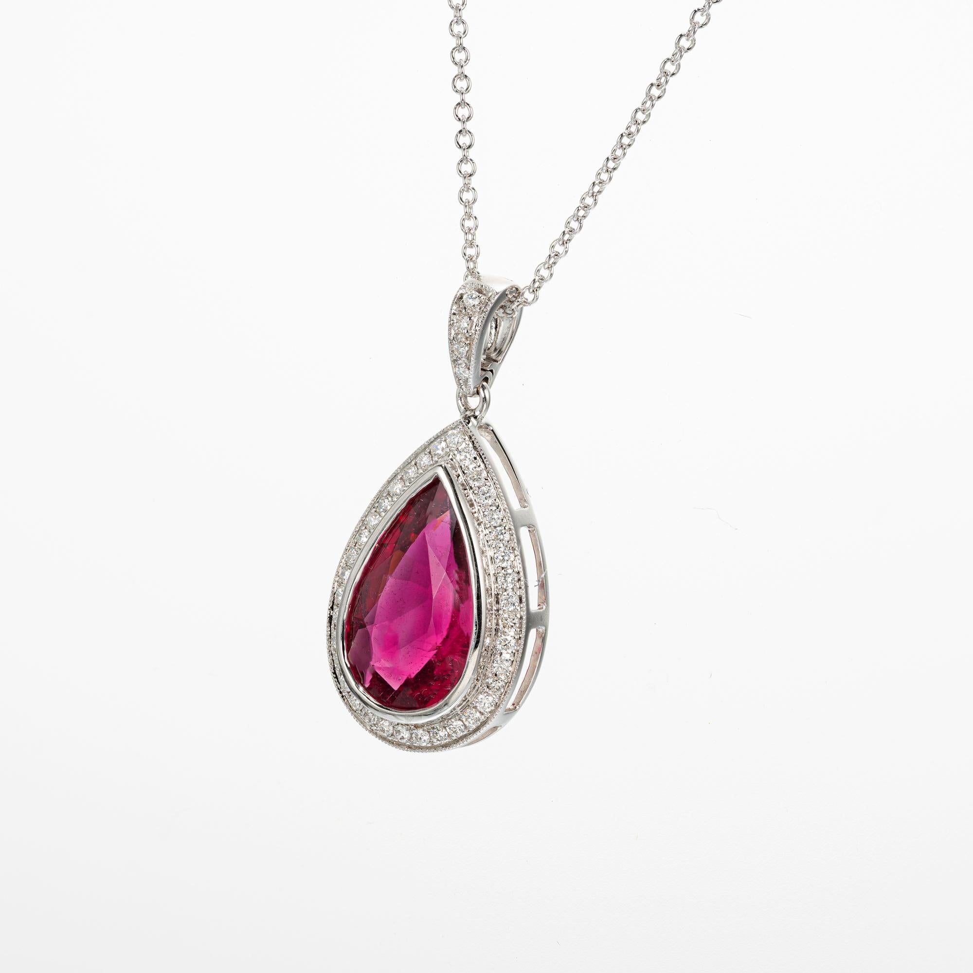 Women's 4.46 Carat Pear Pink Tourmaline White Gold Diamond Pendant Necklace For Sale
