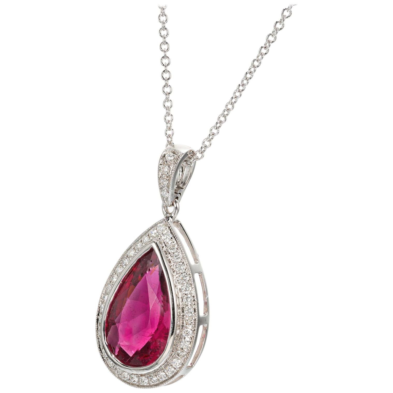 4.46 Carat Pear Pink Tourmaline White Gold Diamond Pendant Necklace For Sale