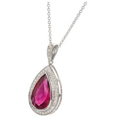 Collar Colgante Oro Blanco Diamante Turmalina Rosa Pera 4,46 Quilates