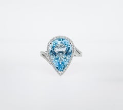 4.46 Carat Pear Shape Aquamarine Diamond Halo Cocktail Ring, 18K White Gold