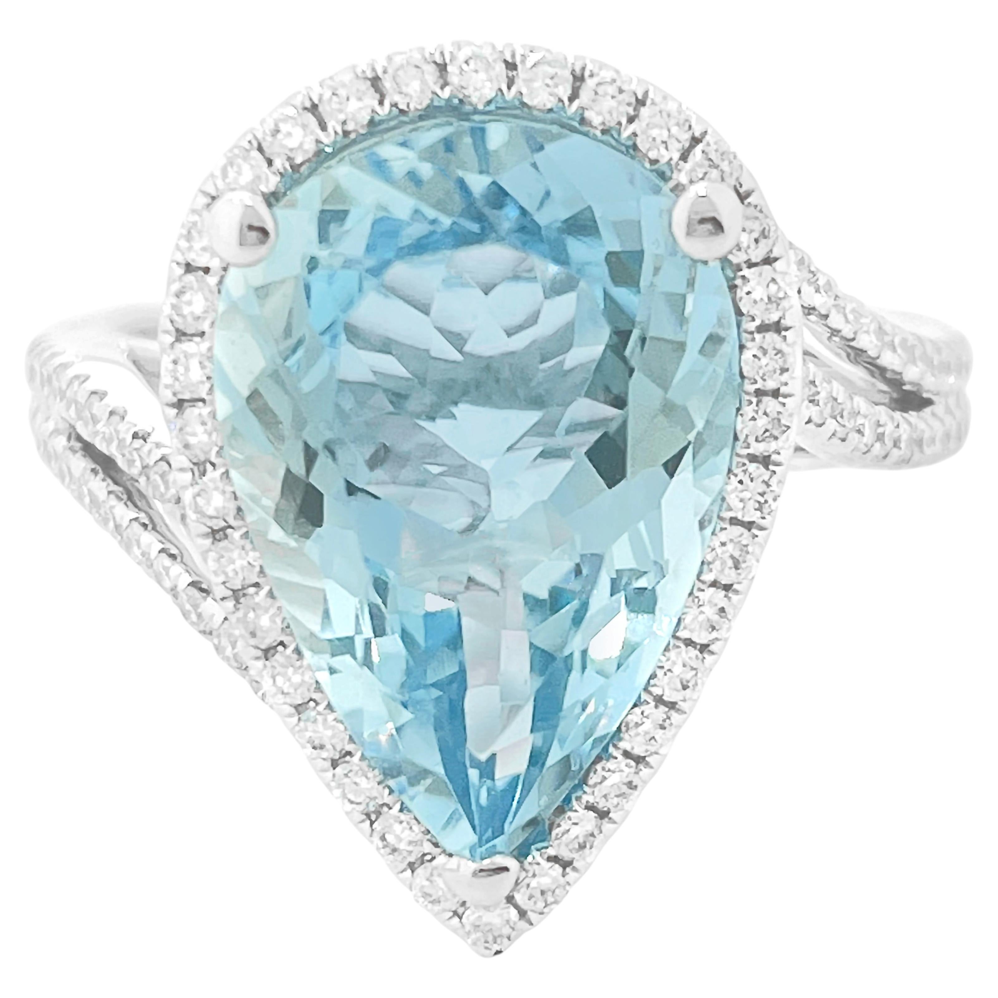 4.46 Carat Pear Shape Aquamarine Diamond Halo Cocktail Ring 18K White Gold