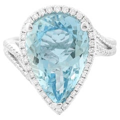 4.46 Carat Pear Shape Aquamarine Diamond Halo Cocktail Ring, 18K White Gold