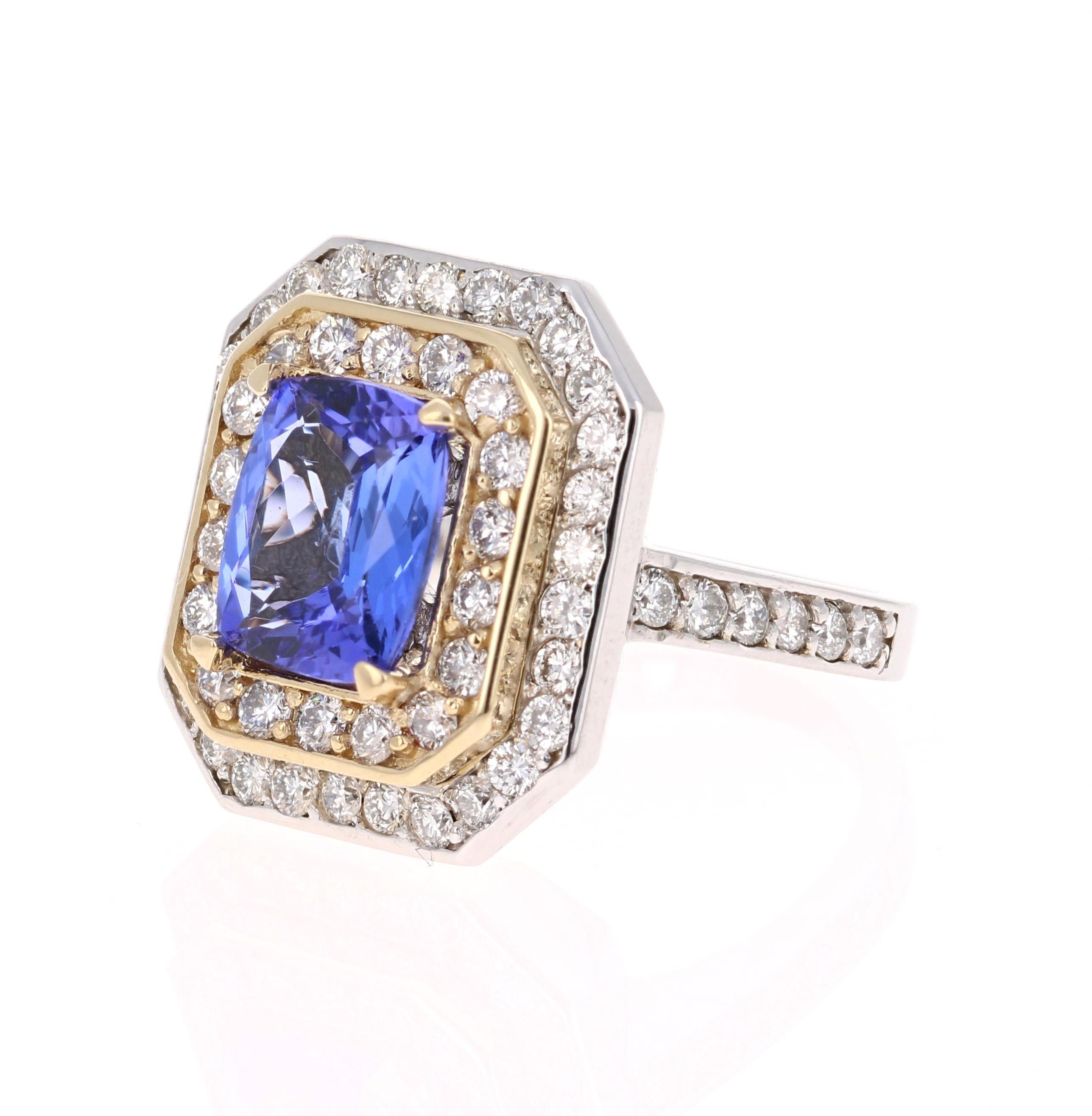 Contemporary 4.46 Carat Tanzanite Diamond 14 Karat White and Yellow Gold Cocktail Ring For Sale