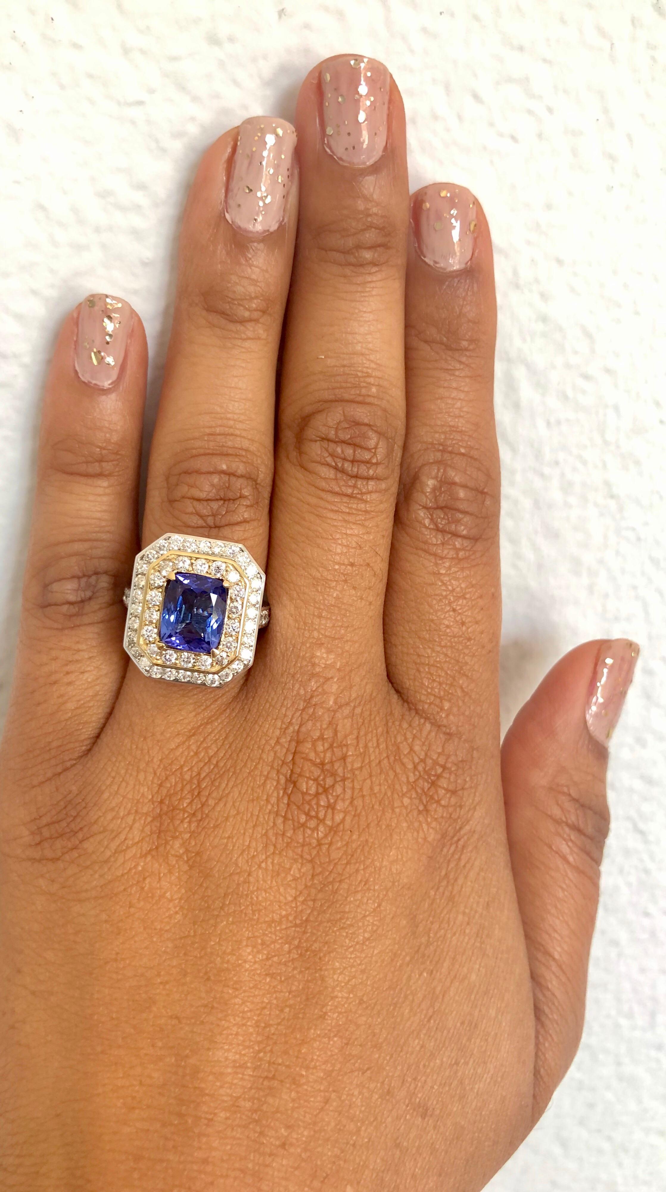 4.46 Carat Tanzanite Diamond 14 Karat White and Yellow Gold Cocktail Ring In New Condition For Sale In Los Angeles, CA