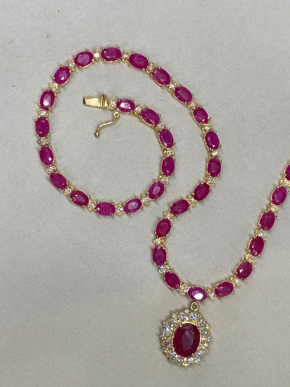 44.60 Carat Ruby Diamond 18 Karat Yellow Gold Necklace In New Condition For Sale In Territet, CH