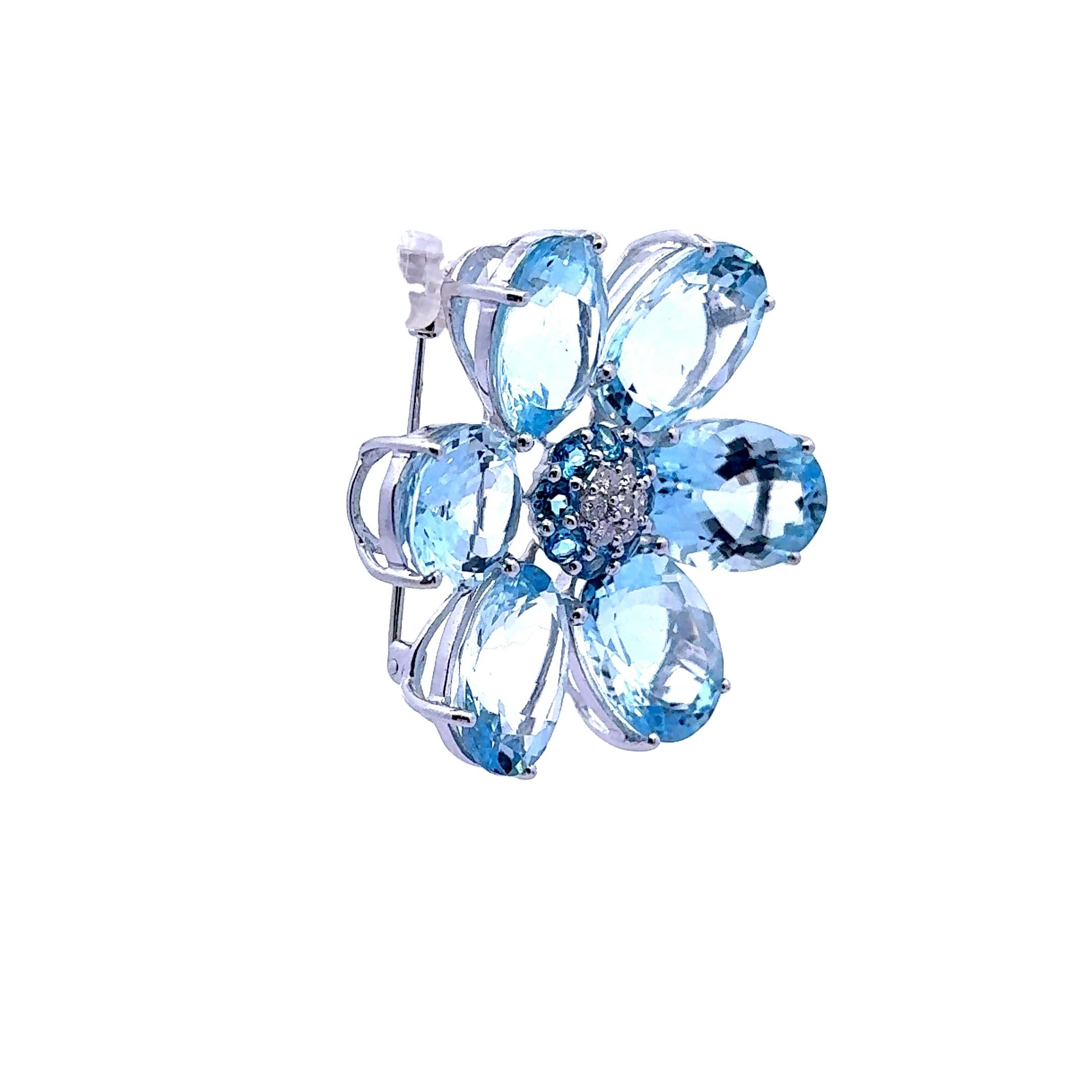 44,65 Quilates Aguamarina Diamante Oro Blanco 18k Broche-Colgante Flor Contemporáneo en venta