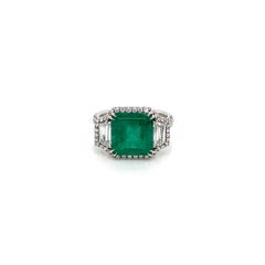 4.46 Total Carat Emerald and Diamond Halothree Stone Ladies Ring GIA