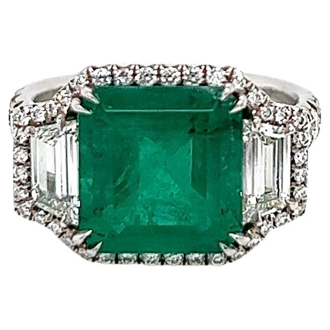 4.46 Total Carat Emerald and Diamond Halothree Stone Ladies Ring GIA For Sale