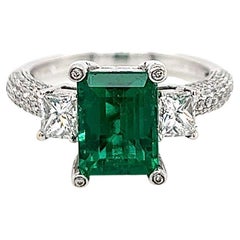 Used 4.46 Total Carat Emerald and Diamond Three Stone Pave Set Engagement Ring, GIA