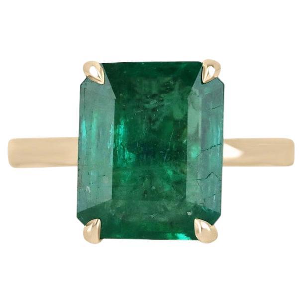 4.46ct 18K Emerald Cut Solitaire Ring - Rich Green Emerald North-South Prong For Sale