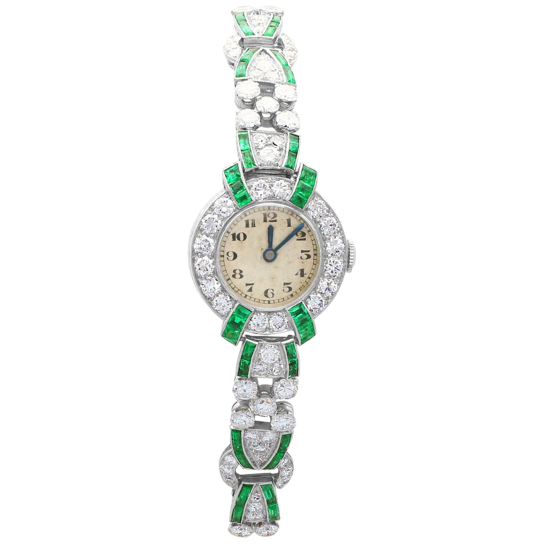 4.46ct Diamond and 1.61Ct Emerald Cocktail Watch in Platinum Circa 1953