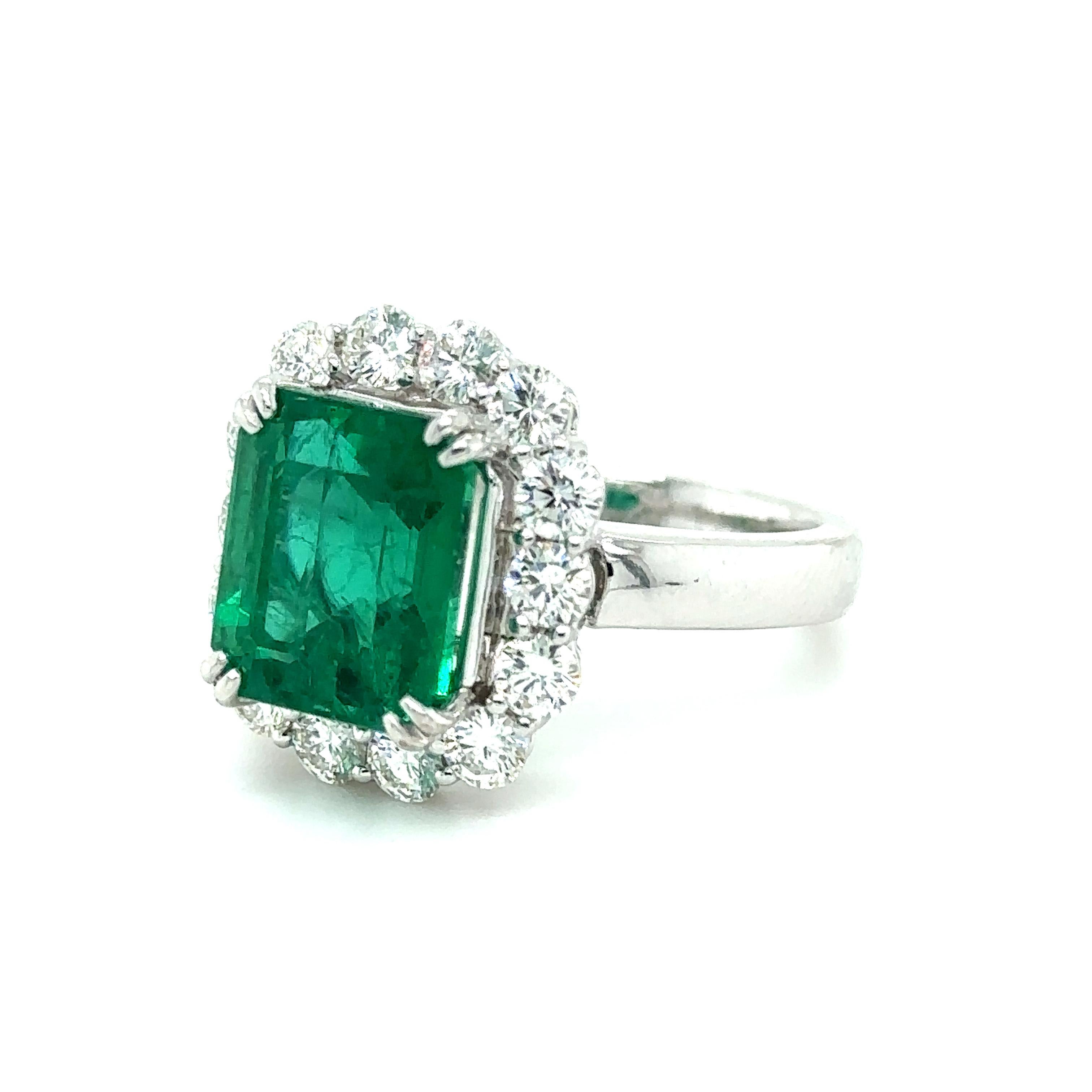 Contemporary 4.46 Carat GRS Certified Emerald Diamond Ring For Sale
