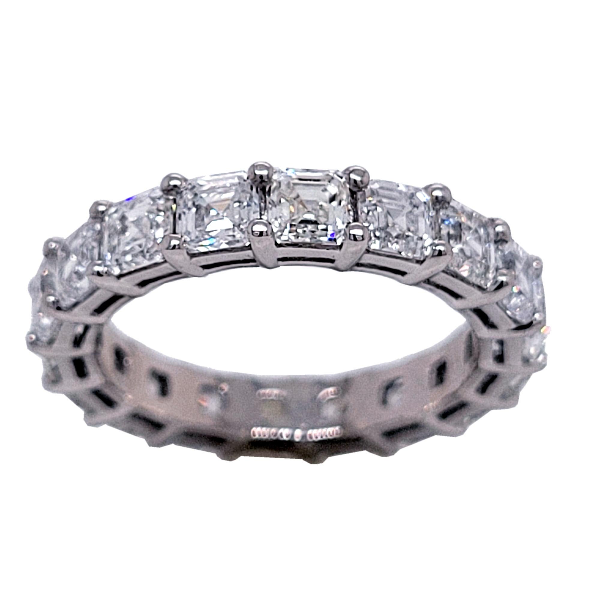 This beautiful Eternity Ring is made of Platinum showcasing 18 perfectly matched 1/4 Ct (VS/E-F) Asscher Cut 'Square Emerald Cut' Diamond Set in Shared Prong Mode.
Total Weight of diamonds: 4.47 Ct Clarity: VS, Color: E-F
Total Weight of the Ring: