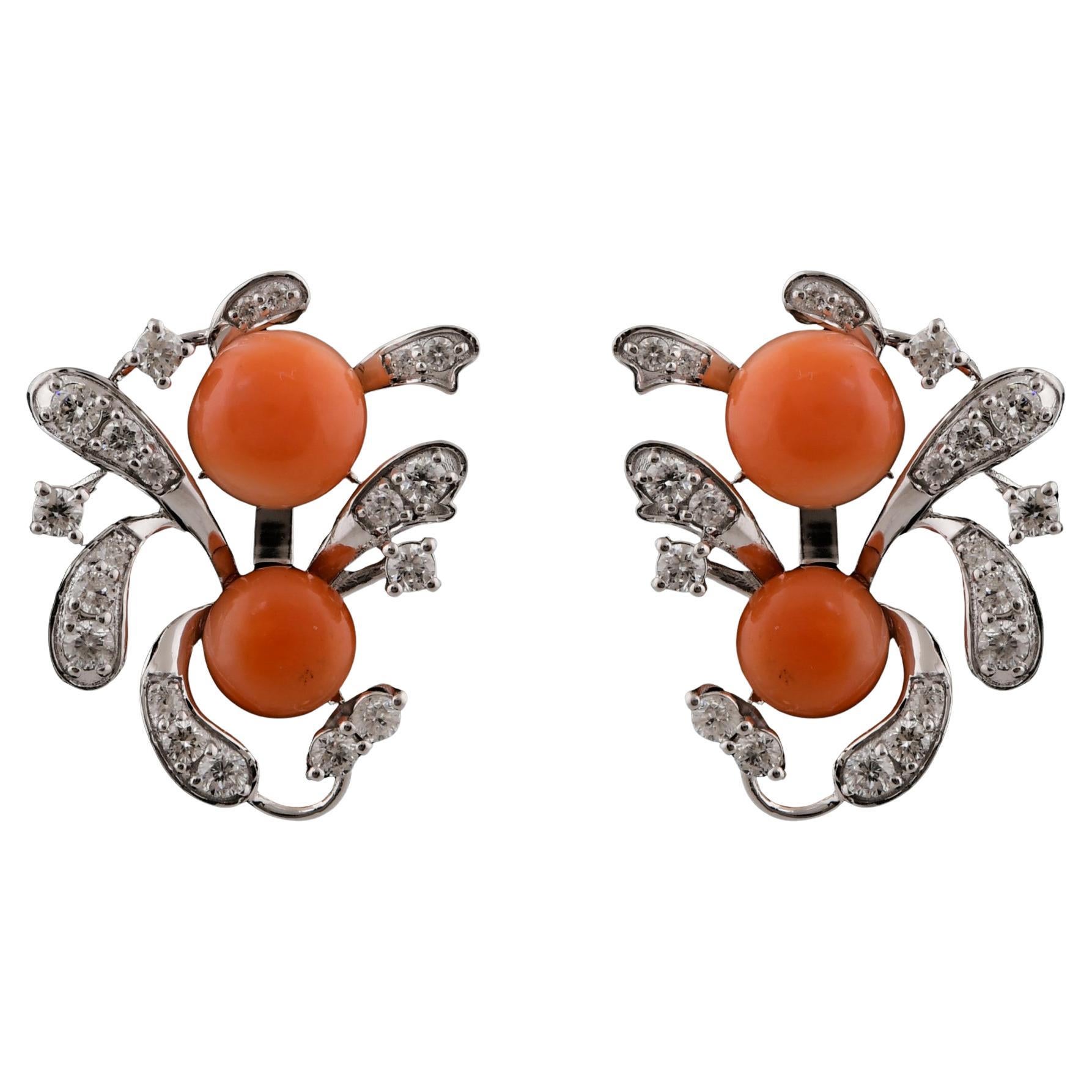 4.47 Carat Coral Gemstone 0.71 Carat SI/H Diamond Earrings 18 Karat White Gold For Sale