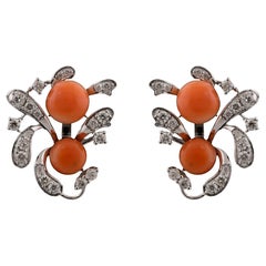 4.47 Carat Coral Gemstone 0.71 Carat SI/H Diamond Earrings 18 Karat White Gold