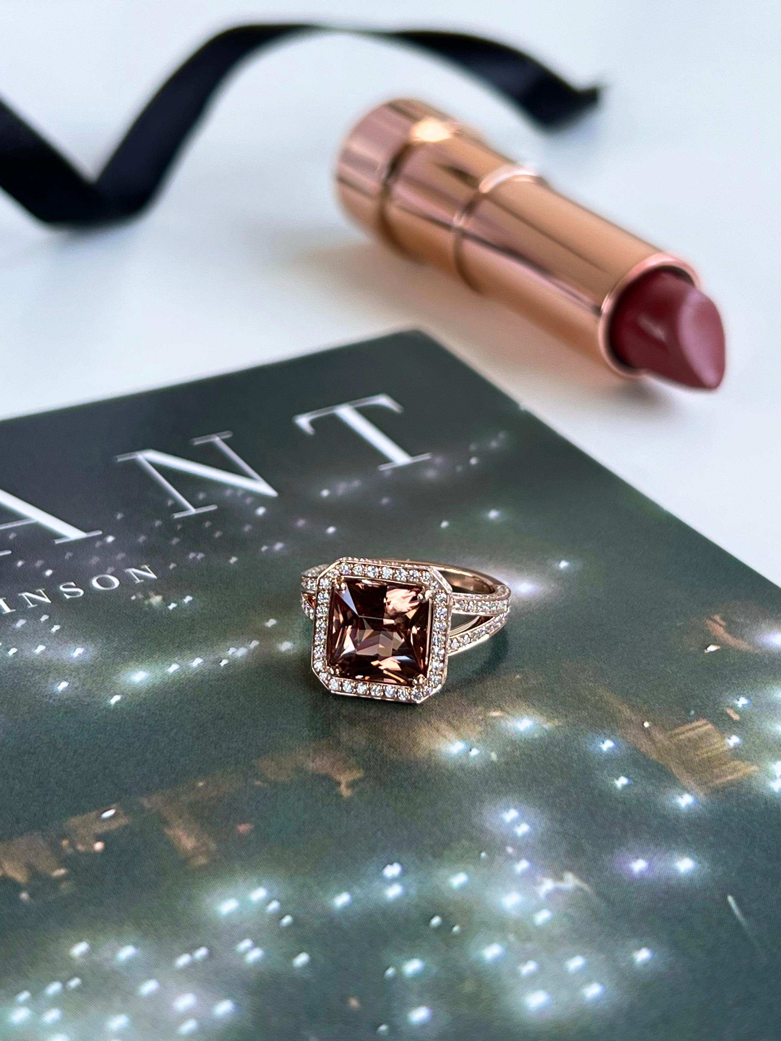 Modern 4.47 Carat Natural Honey Brown Zircon and Diamond Ring in Rose Gold For Sale