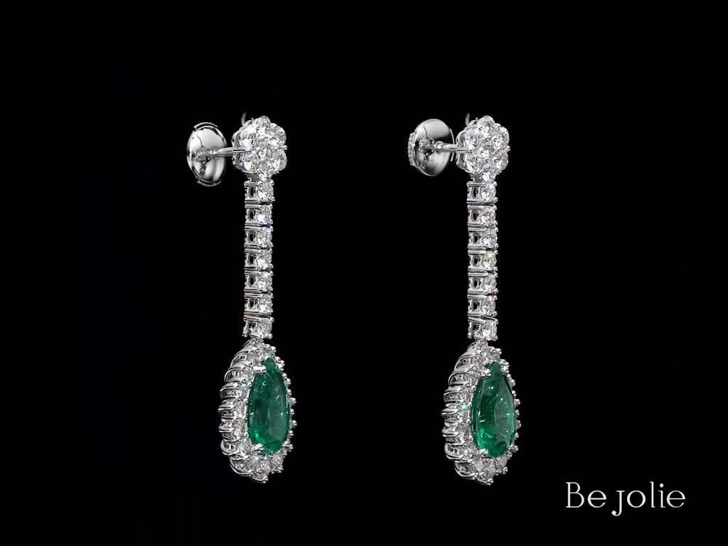 4.47 Carat Pear Shape Emerald Diamond Drop Earrings 18K White Gold For Sale 1