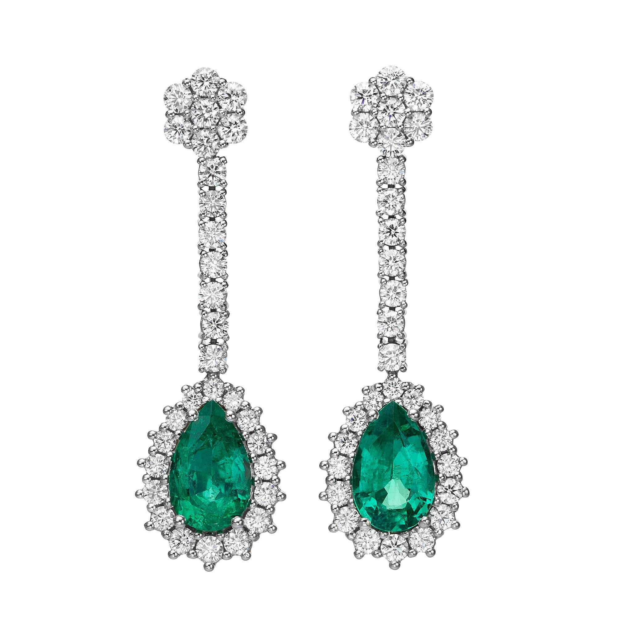 4.47 Carat Pear Shape Emerald Diamond Drop Earrings 18K White Gold