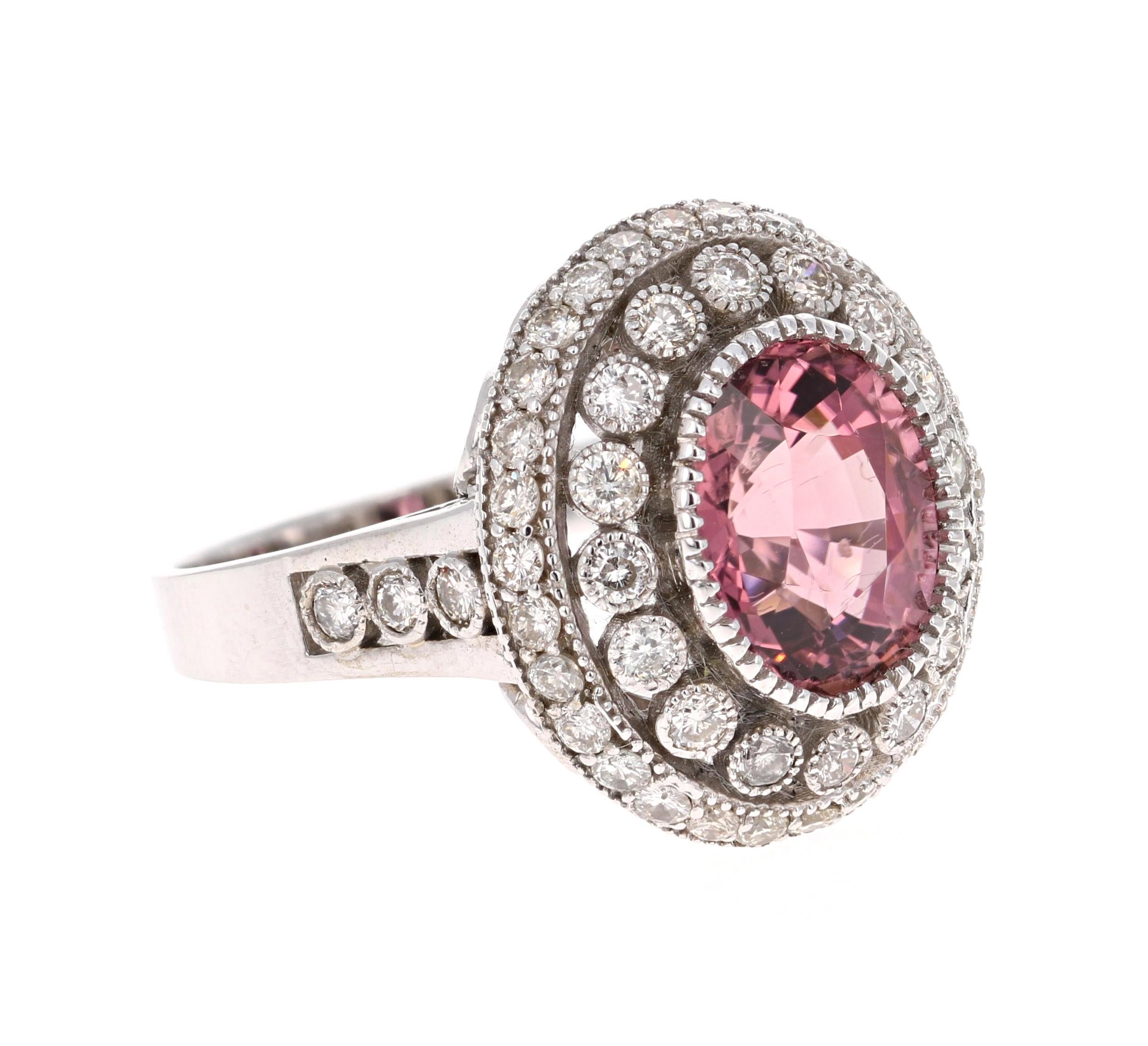 Contemporary 4.47 Carat Pink Tourmaline Diamond White Gold Cocktail Ring For Sale