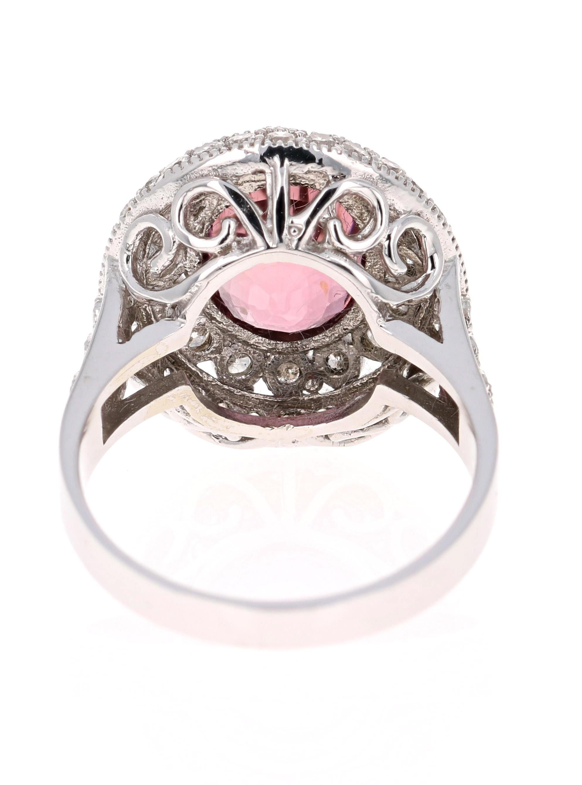 Women's 4.47 Carat Pink Tourmaline Diamond White Gold Cocktail Ring For Sale