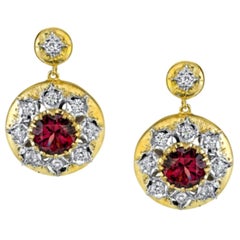 Italian Florentine Dangle Earrings with Rhodolite Garnet and Diamond in 18K Gold