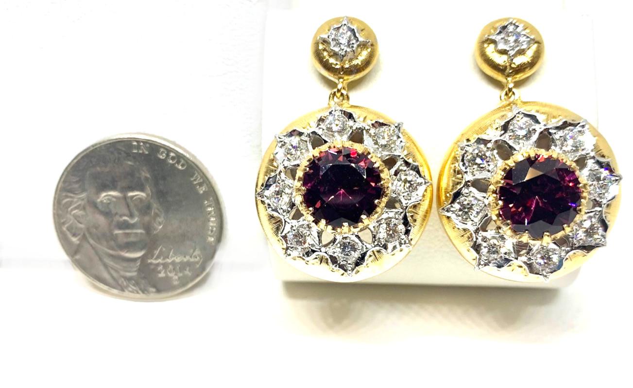 Women's Italian Florentine Dangle Earrings with Rhodolite Garnet and Diamond in 18K Gold For Sale