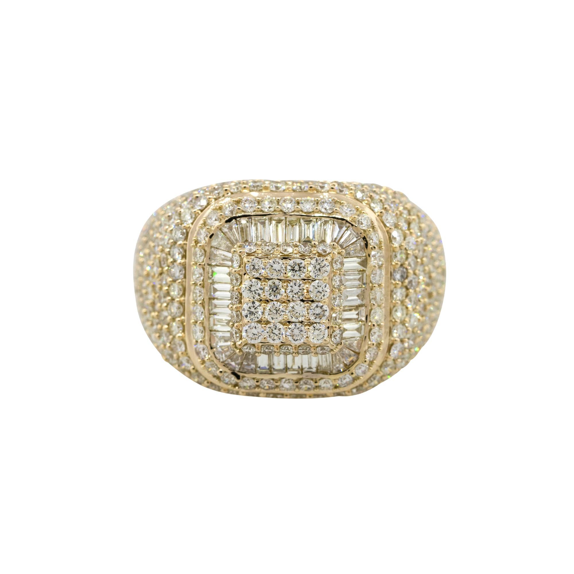 Material: 14k Yellow Gold
Diamond Details: Approx. 4.47ctw of round & baguette cut Diamonds. Diamonds are G/H in color and VS in clarity
Size: 9.75  
Measurements: 25 x 17 x 30mm
Weight: 10.6g  (6.9dwt) 
Additional Details: This item comes with a