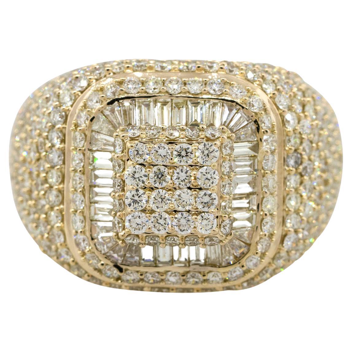 Bague large pour hommes avec diamants ronds et baguettes de 4,47 carats, 14 carats, en stock