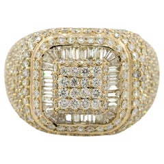 Bague large pour hommes avec diamants ronds et baguettes de 4,47 carats, 14 carats, en stock