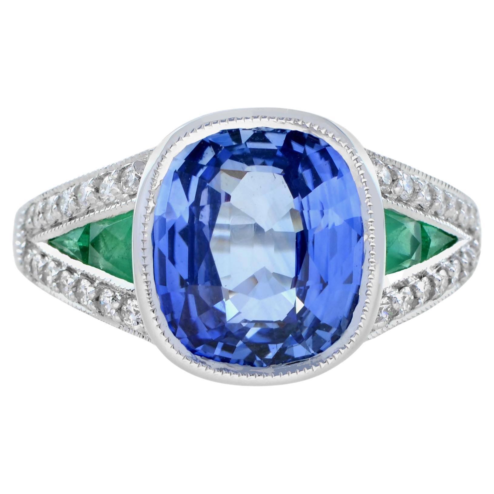 Certified 4.47 Ct. Ceylon Sapphire Emerald Diamond Ring in 18K White Gold For Sale