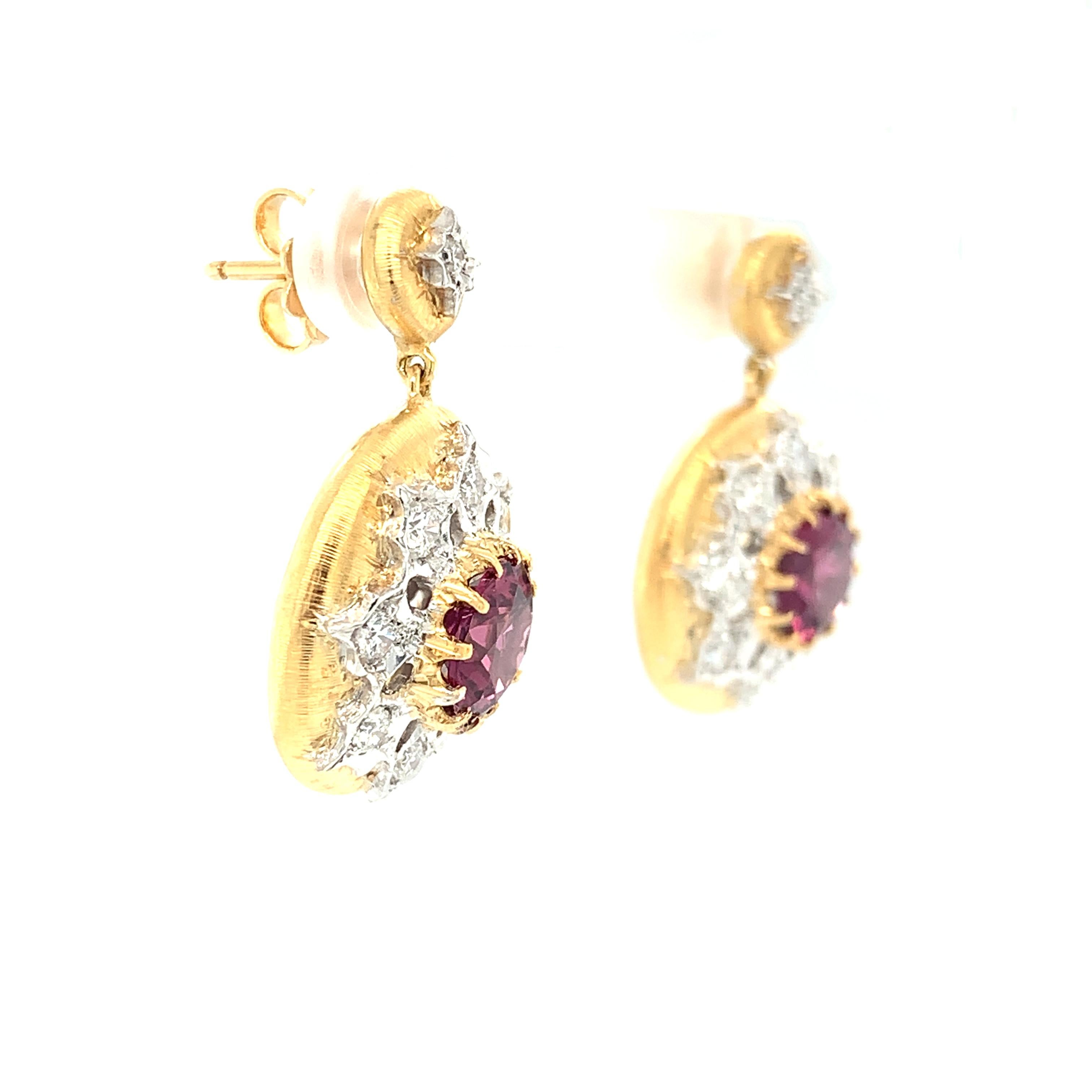 Artisan Italian Florentine Dangle Earrings with Rhodolite Garnet and Diamond in 18K Gold For Sale