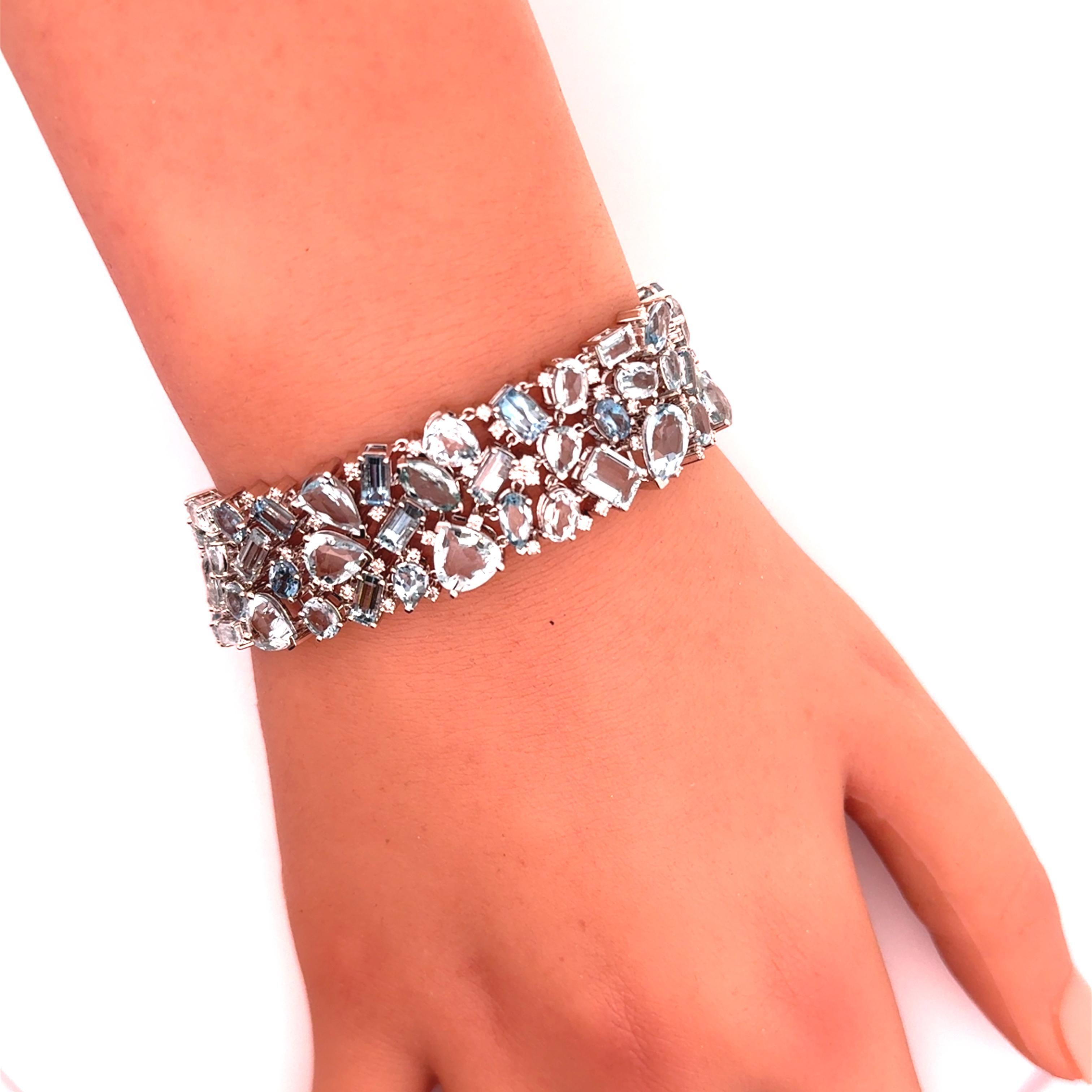 44.70 Carats Aquamarine Diamond 14k White Gold Cluster Bracelet In New Condition For Sale In Beverly Hills, CA