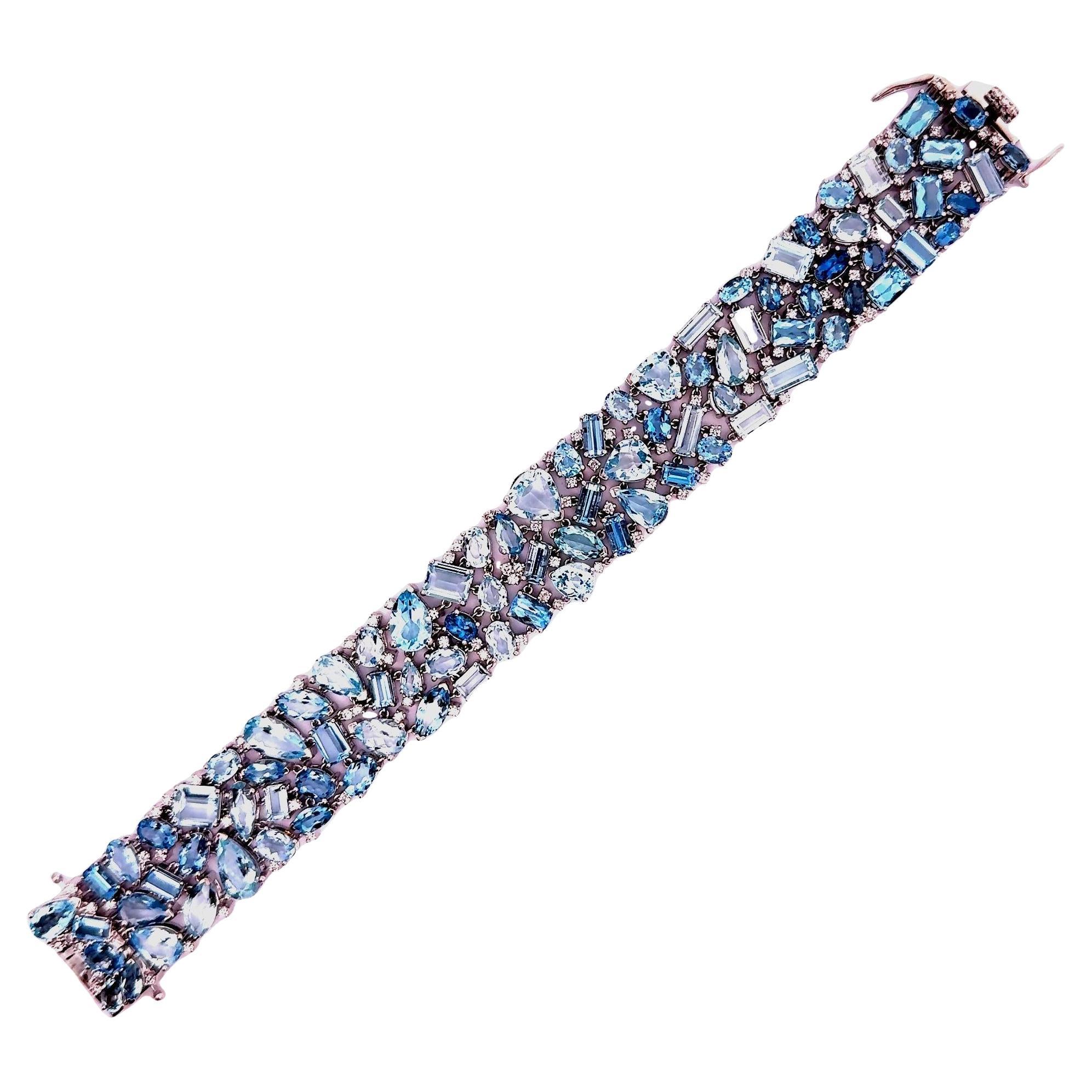 44.70 Carats Aquamarine Diamond 14k White Gold Cluster Bracelet