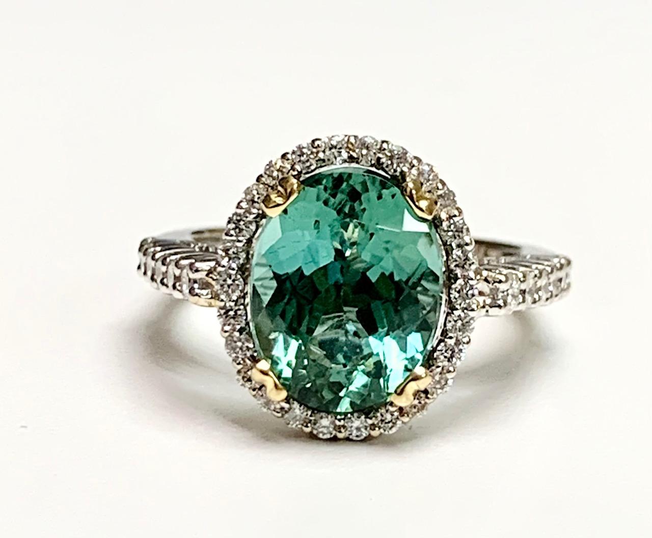 Oval Cut 4.48 Carat Green Tourmaline Diamond Cocktail Ring For Sale