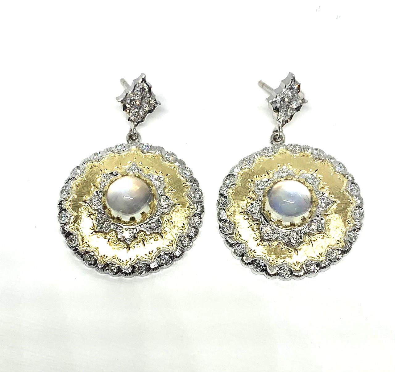 Cabochon 4.48 ct. t.w. Moonstone & Diamond 18k Italian Florentine Dangle Drop Earrings