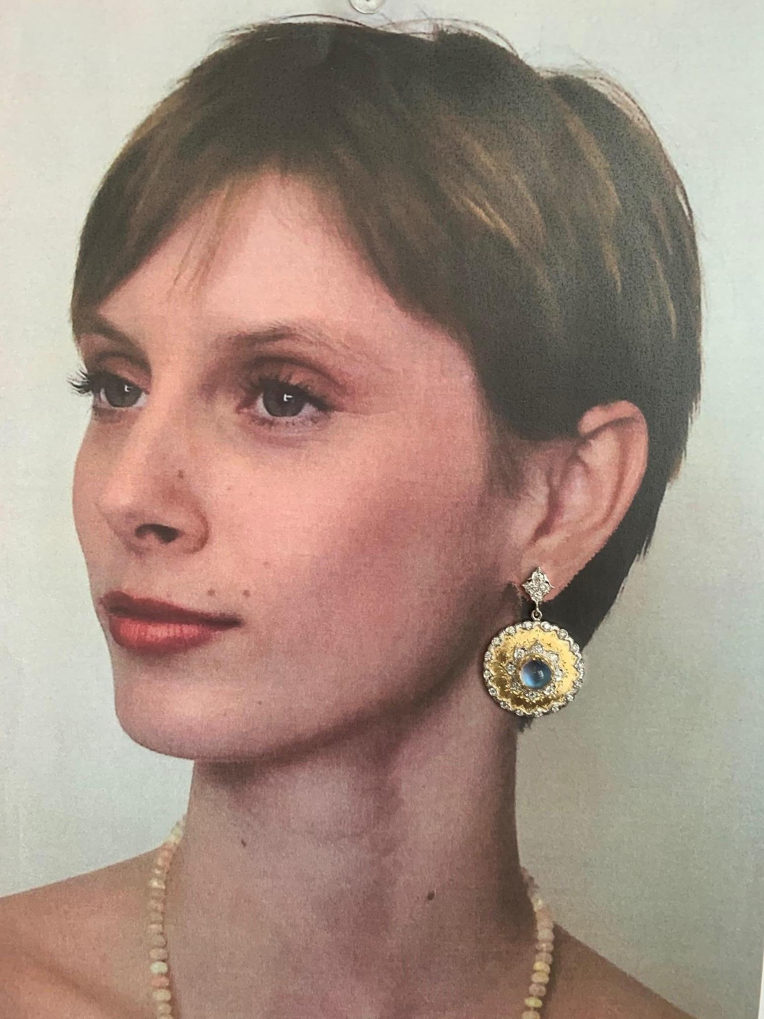 4.48 ct. t.w. Moonstone & Diamond 18k Italian Florentine Dangle Drop Earrings In New Condition In Los Angeles, CA